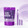 Purple 5-in-1 travel toothbrush pouch with toothbrush and accessories on a soft lavender background