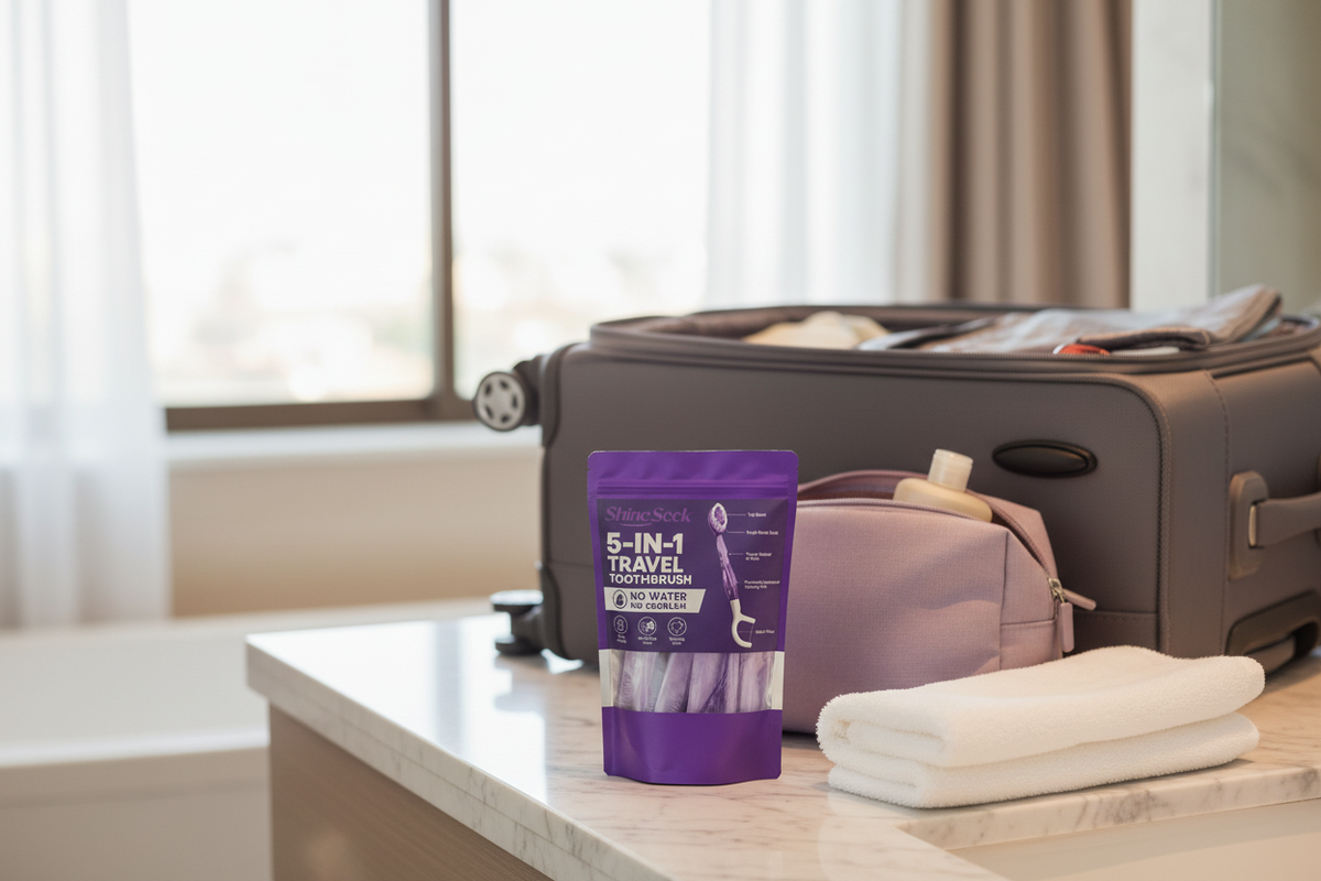 Purple 5-in-1 travel toothbrush pouch beside a travel bag and folded towel