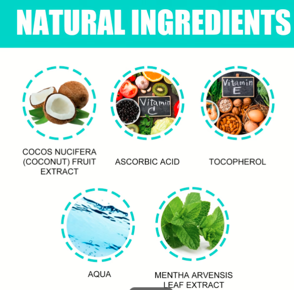 Natural ingredients in Oralhoe Whitening Coconut and Mint Pulling Oil, including coconut extract, ascorbic acid, vitamin E, water, and mint leaf extract